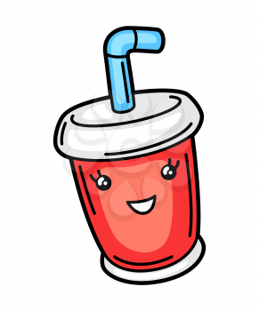 Kawaii illustration of soda or cola in paper cup. Cute funny character for fast food.