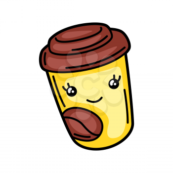 Kawaii illustration of cup with coffee. Cute funny character for fast food.