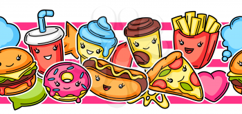 Seamless pattern with cute kawaii fast food meal. Tasty funny characters of fastfood.