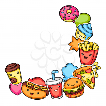 Frame with cute kawaii fast food meal. Tasty funny characters of fastfood.