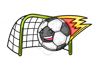 Kawaii illustration of ball is scored into goal. Cute funny sport characters.