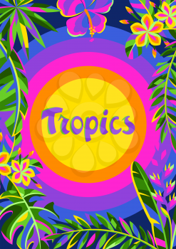 Background with tropical flowers and palm leaves. Summer exotic decorative illustration.