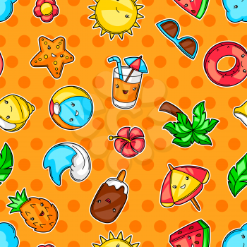 Seamless pattern with summer items. Vacation and beach funny character.