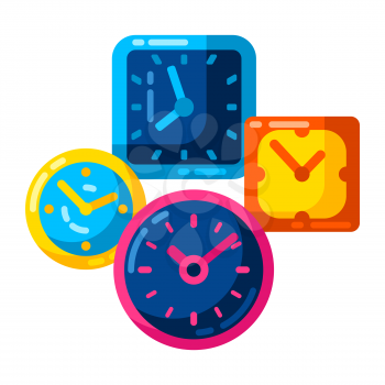 Background with different clocks. Stylized icons and objects for design and applications.