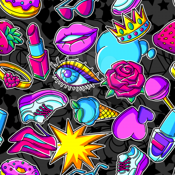 Seamless pattern with fashion girlish patches. Colorful cute teenage background. Creative girls symbols in modern style.