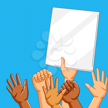 Illustration of people hands on demonstration or protest. Raised fists and gestures. People holding blank demonstration poster.