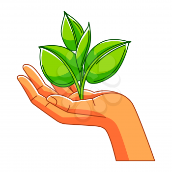 Illustration of hand holding sprout with leaves. Ecology concept or image for environment protection.