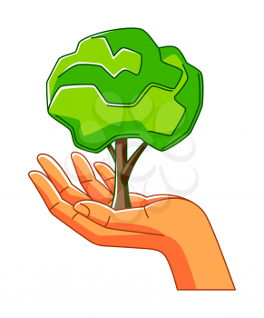 Illustration of hand holding green tree. Ecology concept or image for environment protection.