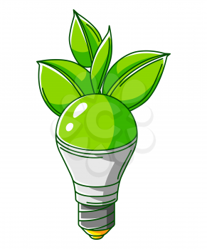 Illustration of energy saving light bulb with leaves. Ecology icon or green energy image for environment protection.
