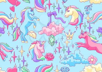 Seamless pattern with unicorns and fantasy items. Fairytale cartoon children illustration.