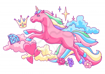 Print or card with unicorn and fantasy items. Fairytale cartoon children illustration.
