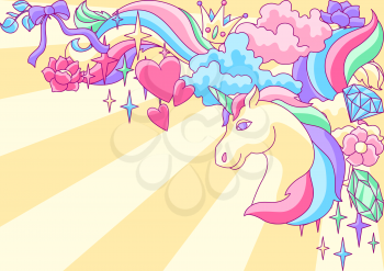 Background or card with unicorn and fantasy items. Fairytale cartoon children illustration.