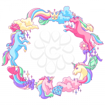 Decorative frame with unicorn and fantasy items. Fairytale cartoon children illustration.