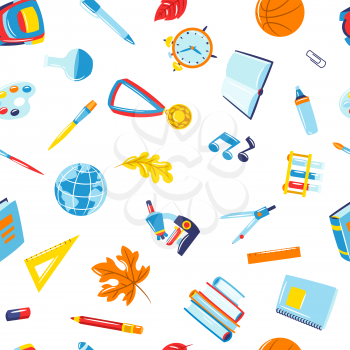 School seamless pattern with education items. Colorful supplies and stationery background.