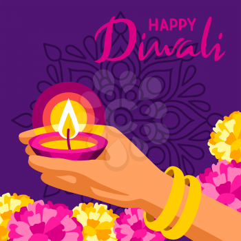Happy Diwali greeting card. Deepavali or dipavali festival of lights. Indian Holiday background with traditional symbols.