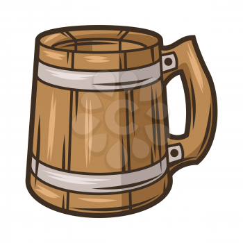 Illustration of wood mug with beer. Object in engraving hand drawn style. Old decorative element for beer festival or Oktoberfest.