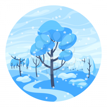 Winter landscape with forest, trees and bushes. Seasonal nature illustration.