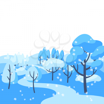 Winter landscape with forest, trees and bushes. Seasonal nature illustration.