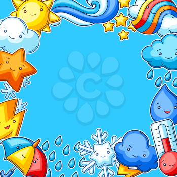 Background with cute kawaii weather items. Funny seasonal child illustration. Cartoon stylized characters.