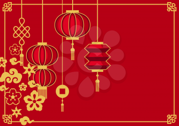 Happy Chinese New Year greeting card. Background with oriental symbols. Asian tradition elements.