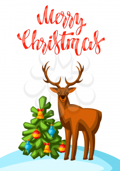 Merry Christmas illustration with deer and tree. Holiday invitation or greeting card in cartoon style. Happy celebration.