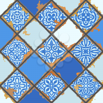 Portuguese azulejo vintage ceramic tile seamless pattern. Old grunge background with chipped enamel tile. Italian pottery or spanish majolica. Mediterranean traditional ornament.