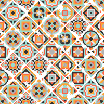 Ceramic tile abstract pattern. Geometric simple motif. Ethnic folk ornament. Mexican talavera, portuguese azulejo or spanish majolica. Old grunge background with chipped enamel tile.