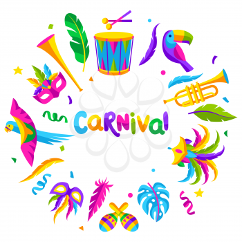 Carnival party background with celebration icons, objects and decor. Mardi Gras illustration for traditional holiday or festival.
