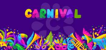 Carnival party background with celebration icons, objects and decor. Mardi Gras illustration for traditional holiday or festival.