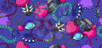 Seamless pattern with youth subculture symbols. Teenage creative illustration. Fashion jewelry and necklaces in cartoon style.