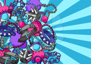 Background with youth subculture symbols. Teenage creative illustration. Fashion jewelry and necklaces in cartoon style.