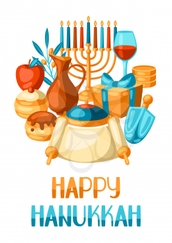 Happy Hanukkah background with religious symbols. Illustration with holiday objects. Celebration traditional items.