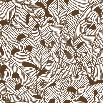 Seamless pattern with stylized monstera palm leaves. Decorative image of tropical foliage and plants. Linear texture.