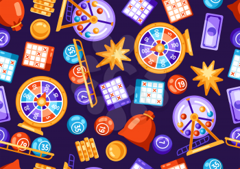 Lottery and bingo seamless pattern. Icons of gambling or online games. Background with lotto and casino items.