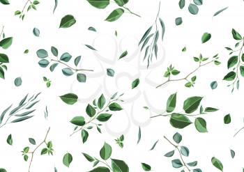 Seamless pattern with branches and green leaves. Spring or summer stylized foliage. Seasonal illustration.