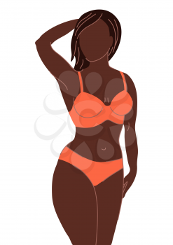 Illustration of pretty brown woman in bikini. Bra and panties set. Abstract stylized figure.