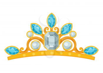 Illustration of beautiful gold jewelry tiara with precious stones. Fashionable accessory.