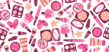 Seamless pattern with cosmetics for skincare and makeup. Illustration for catalog or advertising. Beauty and fashion items.