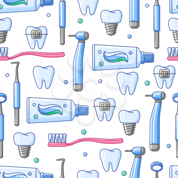 Medical seamless pattern with dental equipment icons. Dentistry and health care background. Stomatology items.