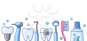 Medical card with dental equipment icons. Dentistry and health care background. Stomatology items.