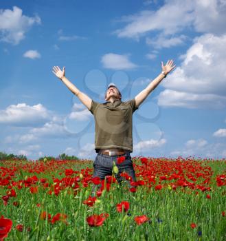 In poppy field. Emotion scene.