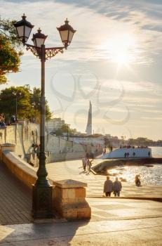 Sevastopol embankment. Beautiful view of the Artillery bay and the Black Sea at sunset