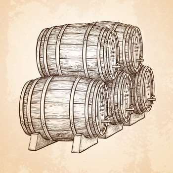 Wine or beer barrels. Hand drawn vector illustration on old paper background. Retro style.