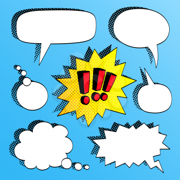 Set of comic bubbles with halftone shadows. . Exclamation marks. Vector illustration.