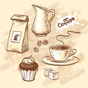Sketch with cup of coffee, coffee beans, cupcake, milk, packet of coffee and sugar cubes. Hand drawn vector illustration.