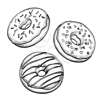 Sketch of donuts.  Pastry sweets  isolated on white background. Hand drawn vector illustration.