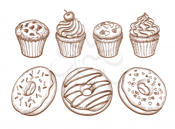 Set of donuts, muffins and cupcakes.  Sketch. Pastry sweets collection isolated on white background. Hand drawn vector illustration.