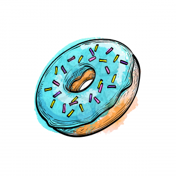 Hand drawn vector illustration of donut. Watercolor background.