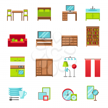 Furniture icons set. Flat style vector illustration. Furniture for bedroom, dining room, living room, home office, bathroom and kitchen. Dinnerware, mirrors, clocks, curtains, frames, lighting.