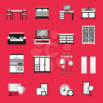 Monochrome furniture icons set on red background. Flat style vector illustration.